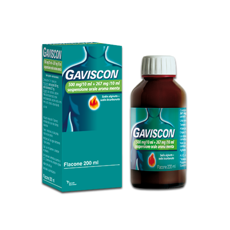 gaviscon 500 mg/10 ml + 267 mg/10 ml sospensione orale aroma menta flacone da 200 ml